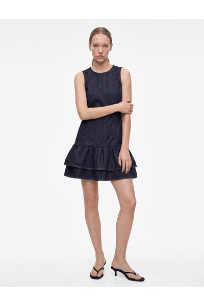 Koton Cotton Comfortable Fit Sleeveless Crew Neck Layered Mini Jean Dress