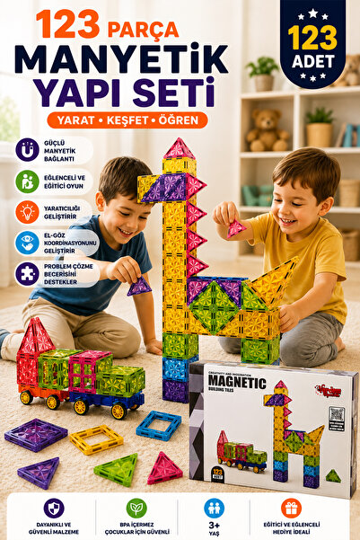 Onetick Manyetik Yapı Blokları 123 Parça Eğitici Renkli 3 Boyutlu 7,5 Cm Oyun...
