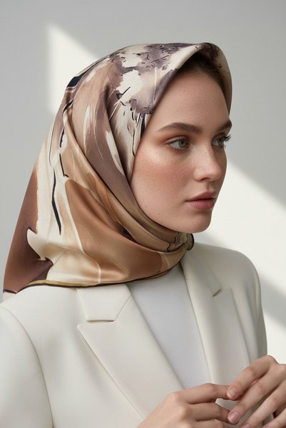 Vissona Eșarfă din mătase twill 100% 90x90, cu model abstract în stil acuarelă, cusută manual, pentru femei