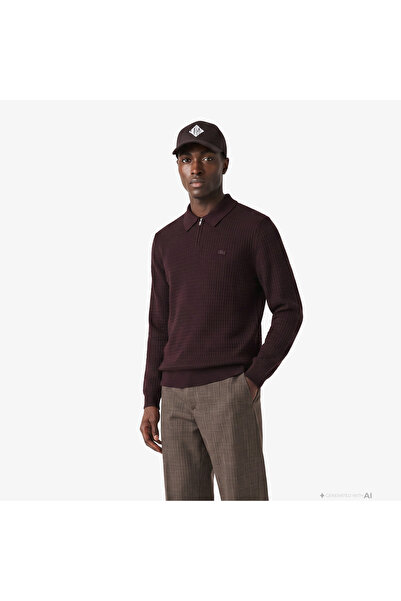 Lacoste Erkek Regular Fit Yarım Fermuarlı Yün Bordo Kazak