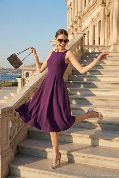Lela Regular Fit Crew Neck Pocketed Pleated Midi Length Evening Dress and Gra...