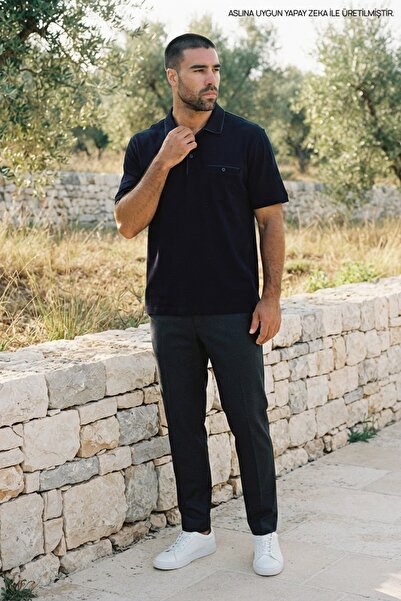 Maccali Men's Classic Navy Blue Polo Collar T-Shirt with Buttoned Pockets