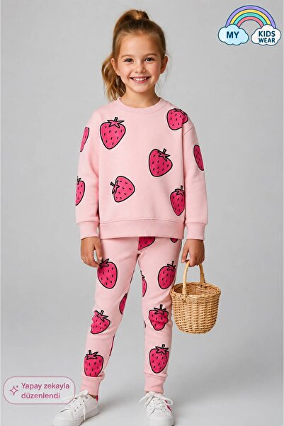 My Kids Wear Kız Çocuk Çilek Desenli 3 İplik Şardonsuz Sweatshirt Tayt Takım ...