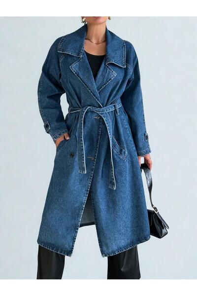 Polo State Kadın Kruvaze Yaka Denim Trençkot Mavi