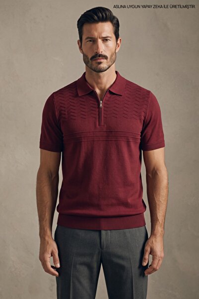 Maccali Men's Comfort Short Sleeve Burgundy Knitwear Polo Neck T-Shirt