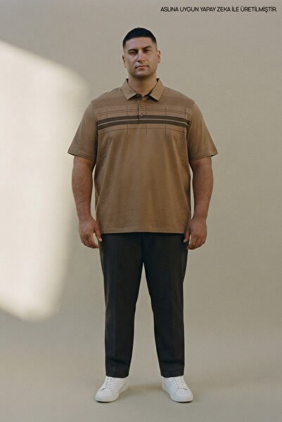 Maccali Men's Large Size Brown Polo Collar Printed T-Shirt