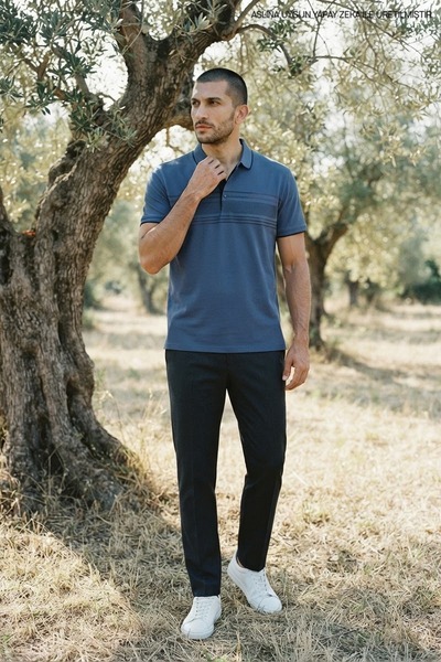 Maccali Men's Cotton Pack Patterned Comfortable Indigo Polo Neck T-Shirt