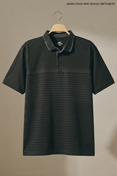 Maccali Men's Large Size Patterned Loose Polo Collar Black T-Shirt