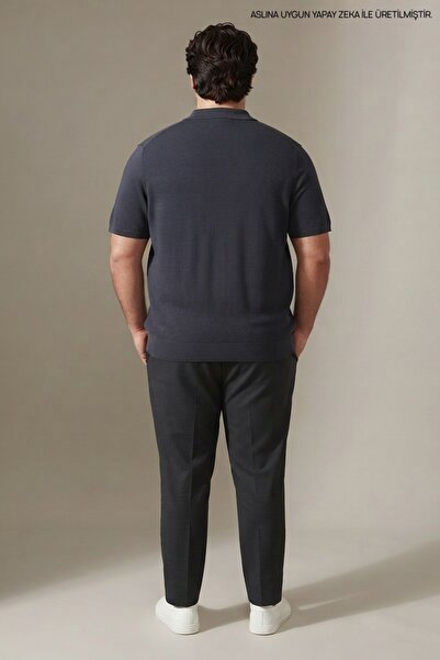 Maccali Men's Basic Large Size Navy Blue Knitwear Polo Neck T-Shirt