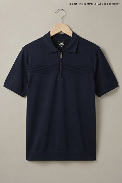 Maccali Men's Large Size Summer Navy Blue Polo Collar Knitwear T-Shirt