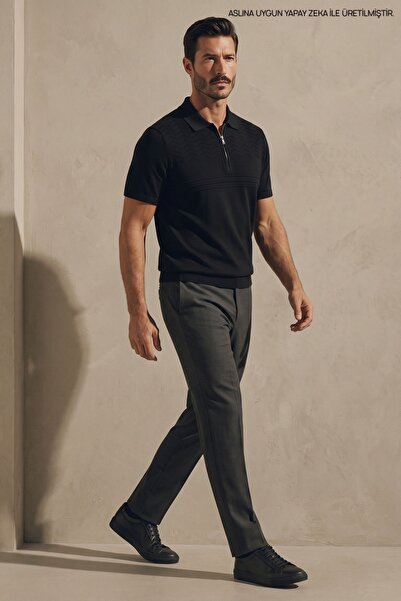 Maccali Men's Comfort Short Sleeve Black Knitwear Polo Neck T-Shirt