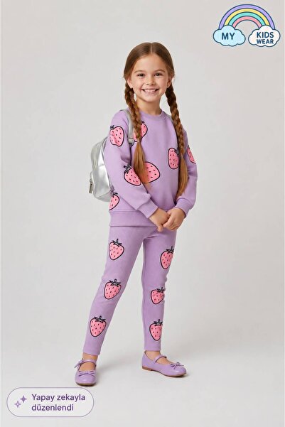 My Kids Wear Girl's Strawberry Patterned 3 Thread Non-Sharmond Sweatshirt Leg...