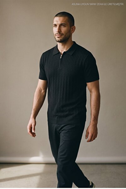 Maccali Men's Trendy Striped Black Polo Collar Knitwear T-Shirt