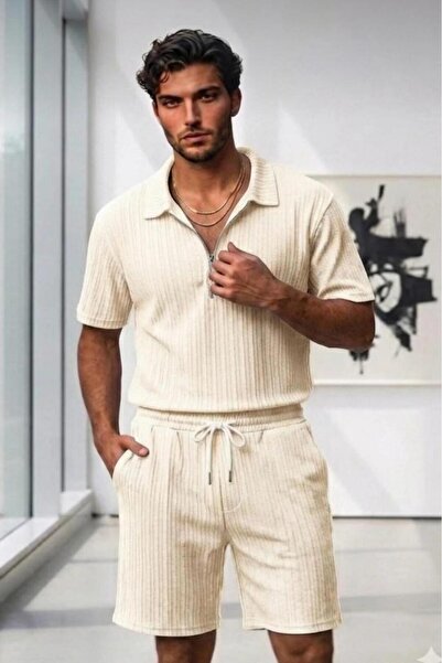 NO 601 Men's White Olympos Zippered Collared Twisted Fabric T-Shirt Shorts Co...