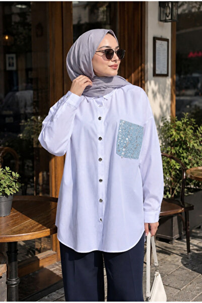 İmajButik Beyaz Cebi Pul İşlemeli Oversize Gömlek