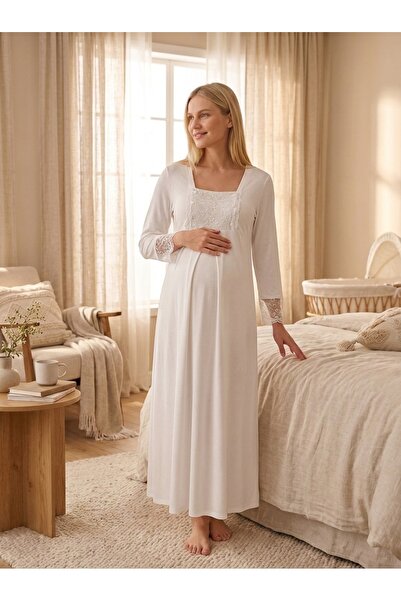 Lady Lingerie Long Maternity & Nursing Nightgown | Button-Front Nightdress wi...