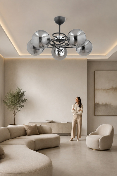 ESSLİGHT Narin 5’li Siyah Plafonyer Füme Camlı Avize Salon Mutfak Yatak Odası