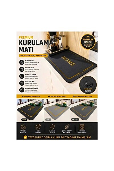 Tasarım Evi Bulaşık Kurutma Örtüsü Siyah Tezgah Üstü Bulaşık Matı Süper Emici...