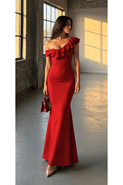 Modafeminen Scuba Stretch Fabric Shoulder Flounce Detailed Evening Dress 5828...