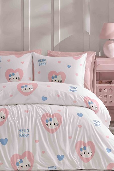 İQON Fitted Sheet Pieces Duvet Cover Set Double Hello Ki̇tty White