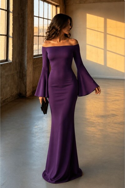 Modafeminen Scuba Spanish Sleeve Evening Dress 58175 Purple