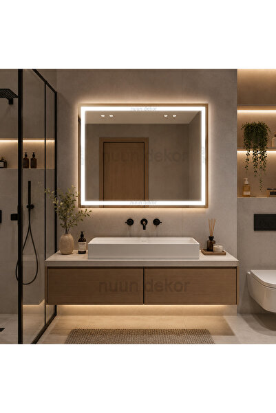 NUUN DEKOR 80x60 Günışığı Ledli Kumlamalı Banyo Aynası Modern Dekoratif Ayna ...