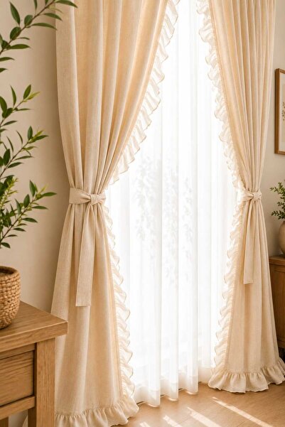 linea natura home 2 Kenar Fırfırlı Vintage Krem Keten Fon Perde Tek Kanat - K...