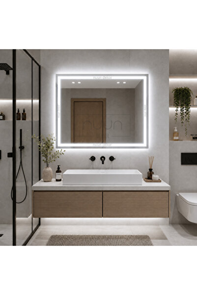 NUUN DEKOR 80x60cm Beyaz Ledli Dekoratif Banyo Aynası Kumlamalı Duvar Aynası ...