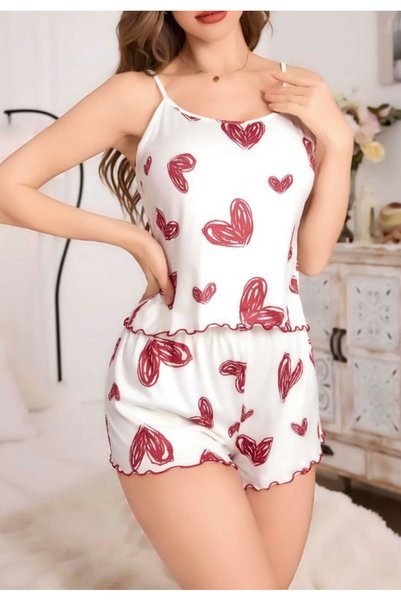 R RUSELİN Women's White Heart Patterned Shorts Nightgown Pajama Set