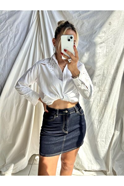 Gözde Tasarım Butik Women's Raw Navy Blue Color Short Mini Lycra High Waist S...