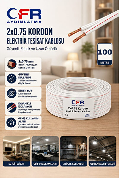 CFR LED AYDINLATMA 2X0.75 Kordon Çok telli Elektrik Tesisat Kablosu 5,10,15,2...