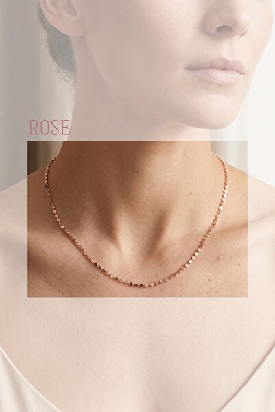 Mev Takı Kadın Rose Gold Renk Yassı Pul Zincir Kararmaz Çelik Kolye