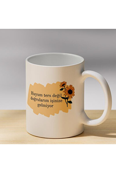 martı baskı Huyum Ters Değil Yazılı Ayçiçekli Kupa - Esprili Sözlü Hediyelik ...