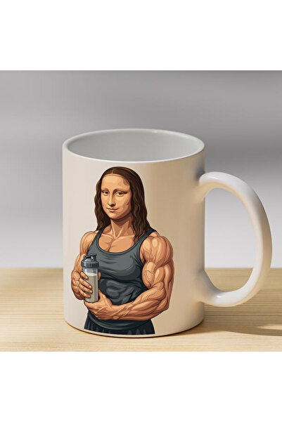 martı baskı Kaslı Mona Lisa Baskılı Porselen Kupa - Spor Severlere Hediye Kom...