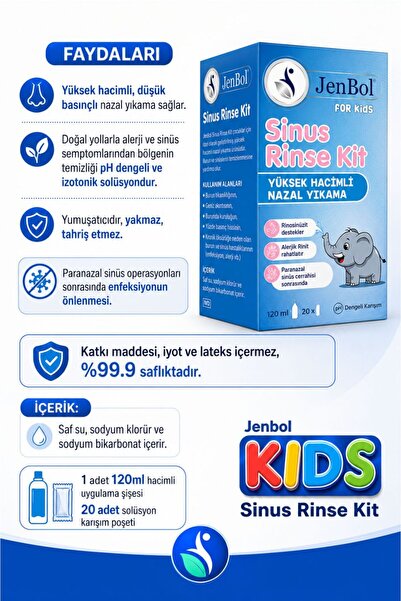 Jenbol Kids Sinus Rinse Burun ve Sinus Temizl. Kiti 120 ml X 20 Yedek Tozu . Çocuğunuzun rahat nefes alması için optimize edilmiş temizleme gücü