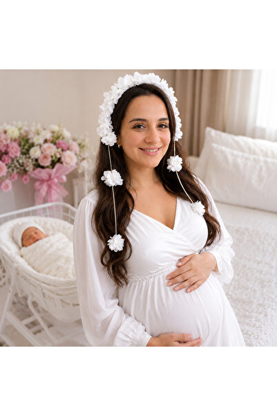 ALAZ TASARIM HOBİ Pearl Maternity Crown with Earrings – Elegant Maternity Acc...