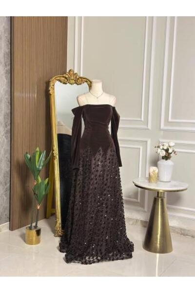 vanus fashion 6794 - فستان سهرة فاخر مخملي بني