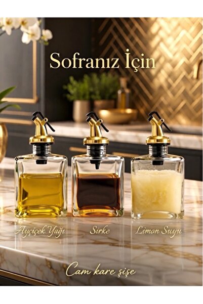 Trend Home Life Lüks Gold Başlıklı 200 ml Kare Cam Yağlık & Sosluk - Sızdırma...