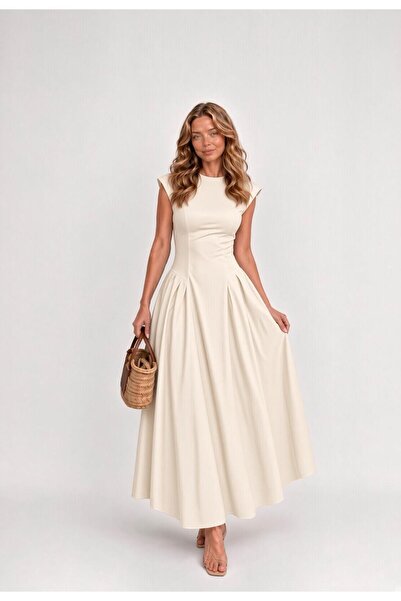 Raunk Vintage Elegance Krem Belden Oturtmalı Maxi Elbise