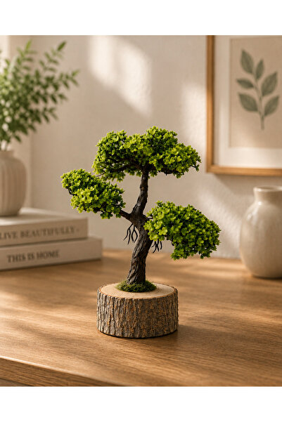 Lineva Doğal Kütük Üstü Yapay Bonsai Ağacı | Ev Ofis Masaüstü Dekoratif Ağaç