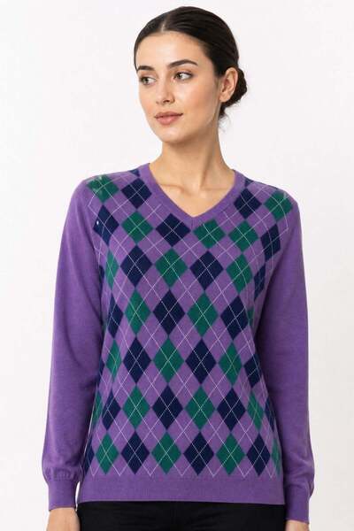 Desen Triko Women's V-Neck Diamond Pattern Wool Sweater Purple