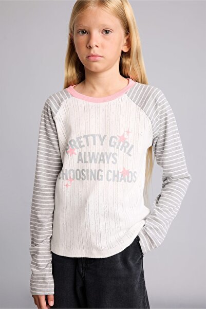 DeFacto 100% Cotton Crew Neck Printed Striped Raglan Long Sleeve T-Shirt Girl...