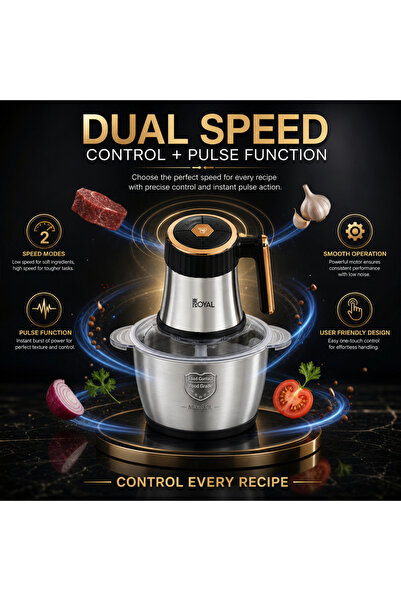 Royal Appliances خلاط طعام كهربائي رويال 3 لتر، محرك 400 واط، 4 شفرات من الفولاذ المقاوم للصدأ، تحكم بسرعتين، وعاء من الفولاذ المقاوم للصدأ، حماية من الحرارة الزائدة للحوم والخضروات والمكسرات والتوابل RA-CHP-311