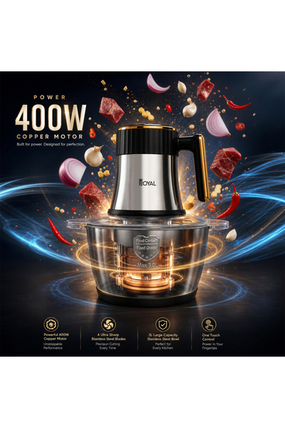Royal Appliances خلاط طعام كهربائي رويال 3 لتر، محرك 400 واط، 4 شفرات من الفولاذ المقاوم للصدأ، تحكم بسرعتين، وعاء من الفولاذ المقاوم للصدأ، حماية من الحرارة الزائدة للحوم والخضروات والمكسرات والتوابل RA-CHP-311