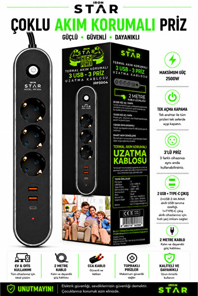 IRONSTAR TERMAL AKIM KORUMALI 2XUSB GRİŞLİ 3X PRİZ GİRİŞİ 2MT UZATMA KABLOLU ...