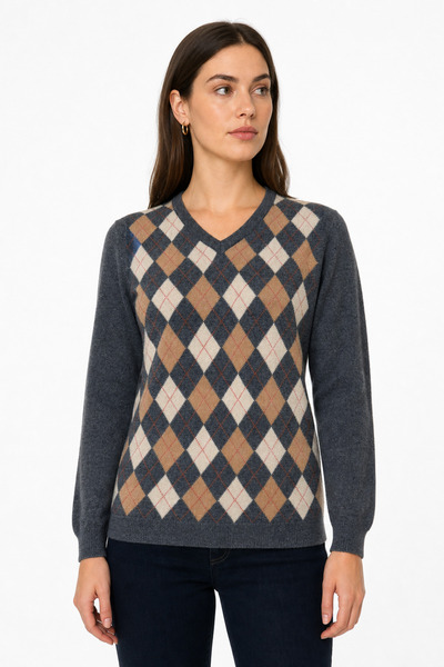 Desen Triko Women's V-Neck Diamond Pattern Wool Sweater Smoked_Camel