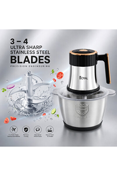 Royal Appliances خلاط طعام كهربائي رويال 3 لتر، محرك 400 واط، 4 شفرات من الفولاذ المقاوم للصدأ، تحكم بسرعتين، وعاء من الفولاذ المقاوم للصدأ، حماية من الحرارة الزائدة للحوم والخضروات والمكسرات والتوابل RA-CHP-311