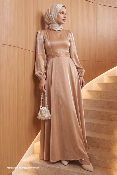 InStyle Stone Belted Glittery Brown Satin Dress