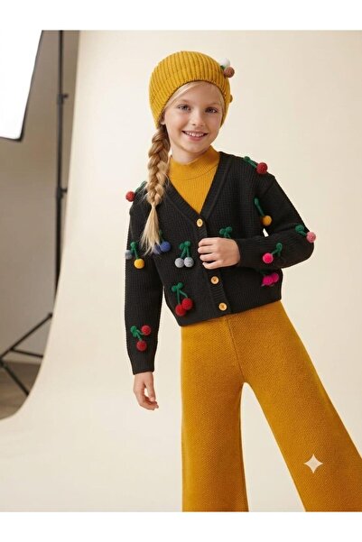 Hilal Akıncı Kids Girl's Cherry Embroidered Cardigan Knitwear Badi Pants Bere...