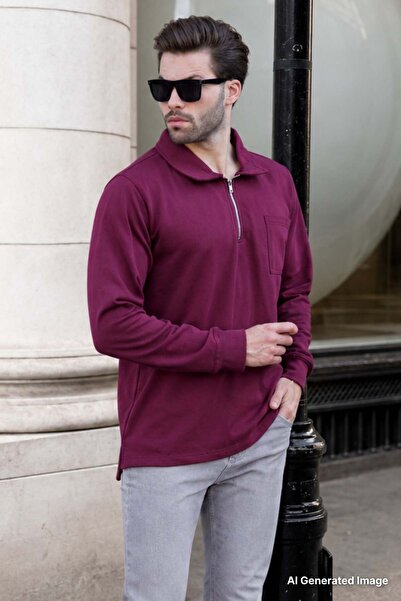 Madmext Burgundy Polo Collar Zippered Long Sleeve Men's Sweatshirt 7057